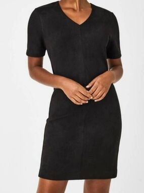 SPANX Faux Suede Column Dress Black Size L Stretch V-Neck Short Sleeve Mini